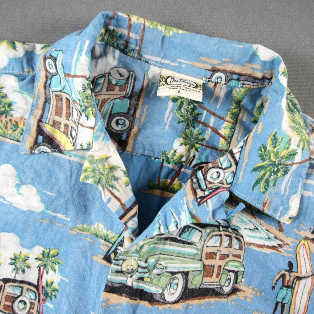 Go Barefoot USA Woody Wagon Car Beach Surf Hawaiian Shirt Mens L Short Sleeve